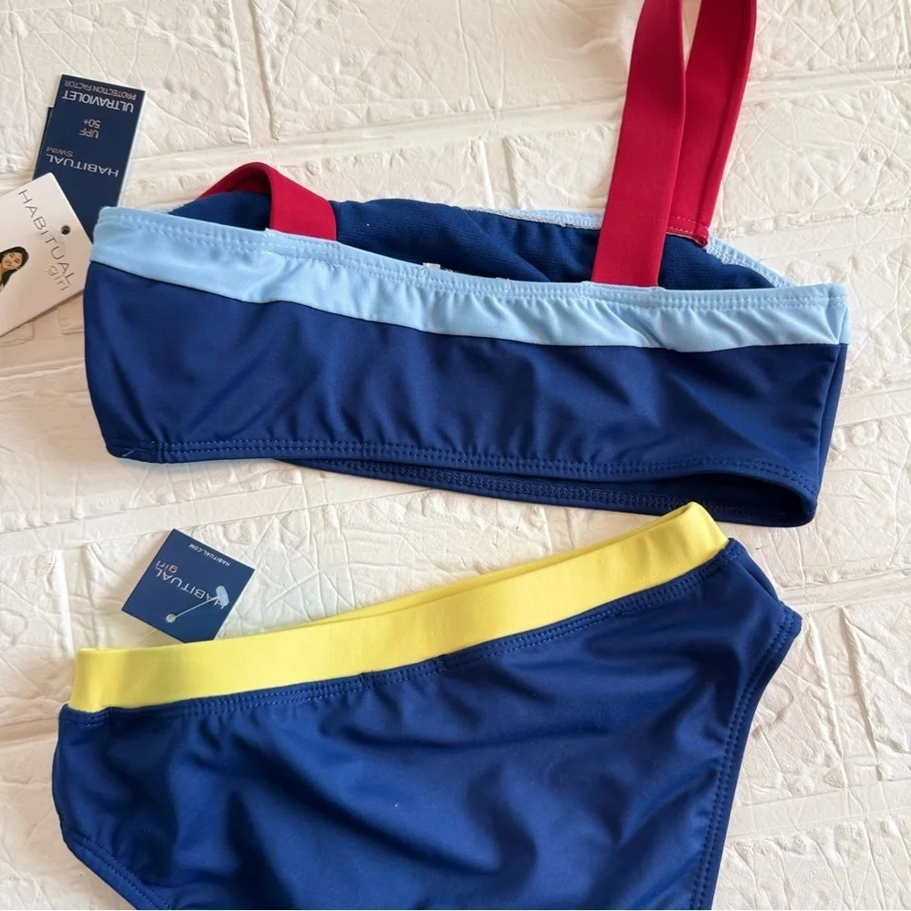 New Habitual Kids Blue, Red, and Yellow Two Piece Swimsuit Sz 12 Top 10 Bottoms